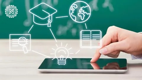 a person working on a coding project, surrounded by technology and educational resources