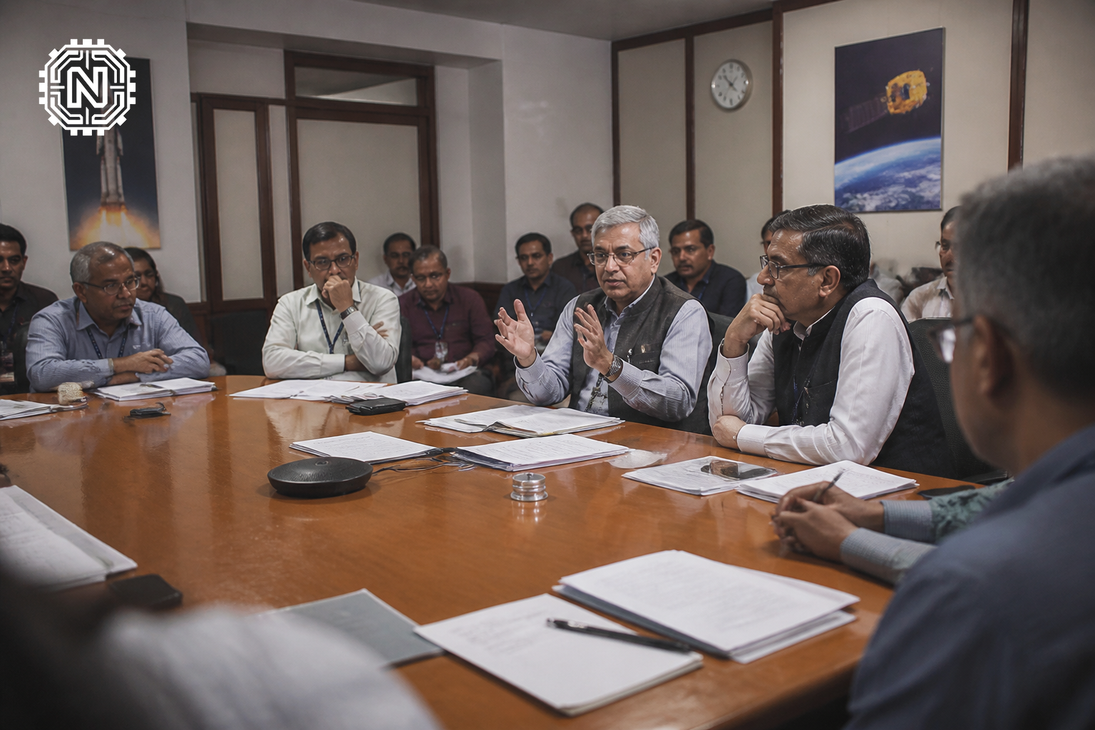 government officials discussing exit rules as ISRO scientists quit