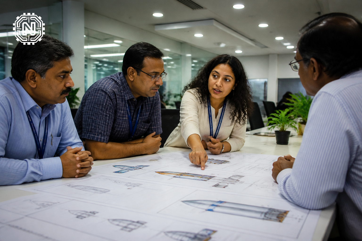 ISRO scientists discussing Gaganyaan Mission objectives with blueprints