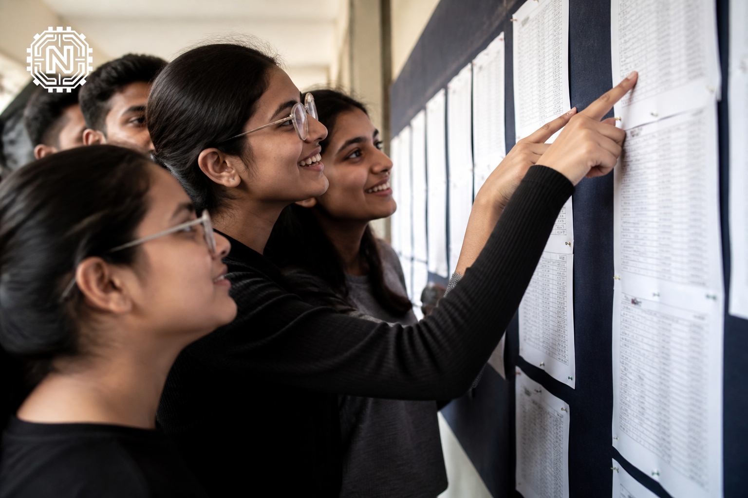 Students reviewing NEET-UG 2026 score details on a bulletin board