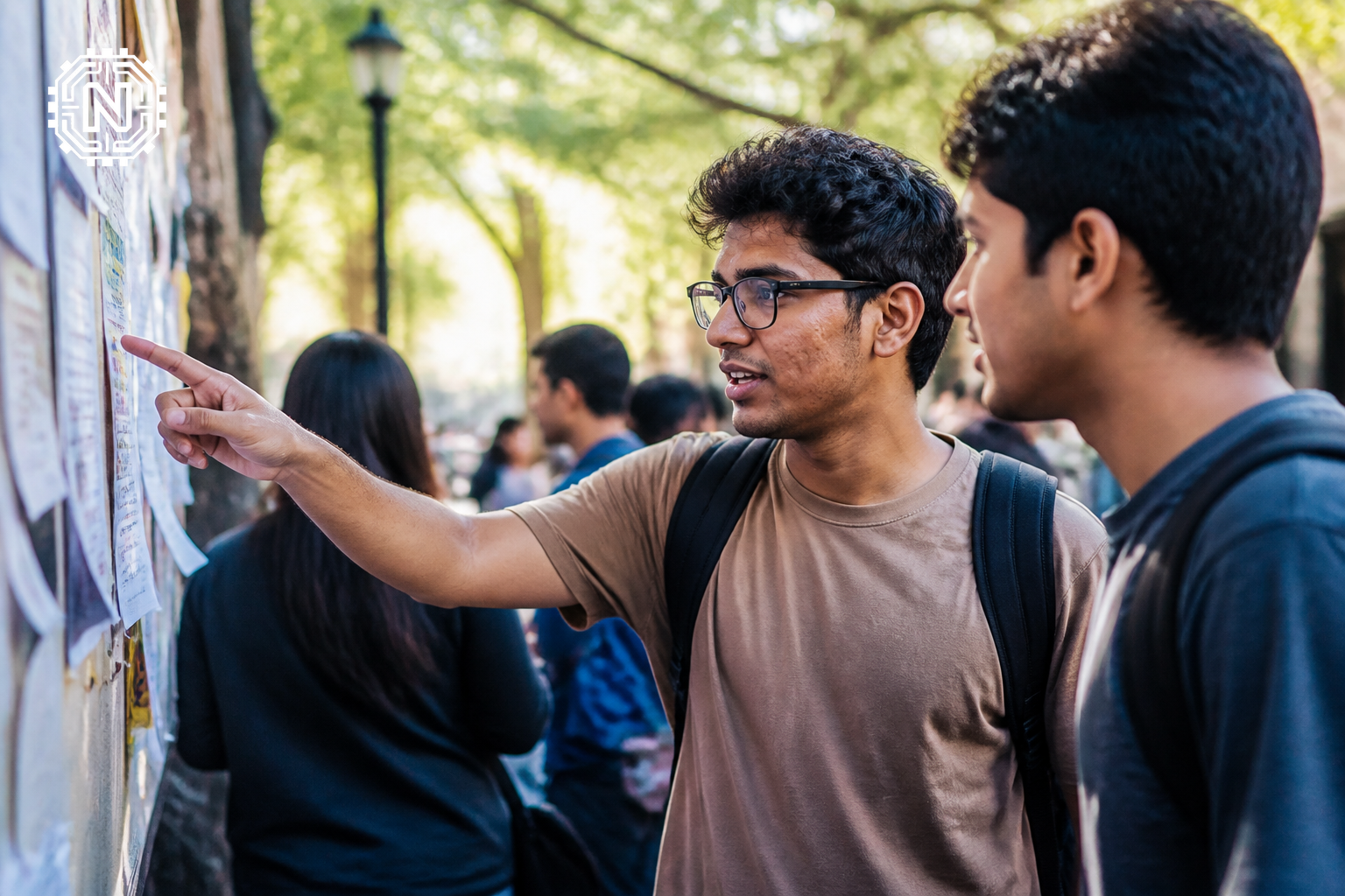 Students discussing F, J, and I visas on campus