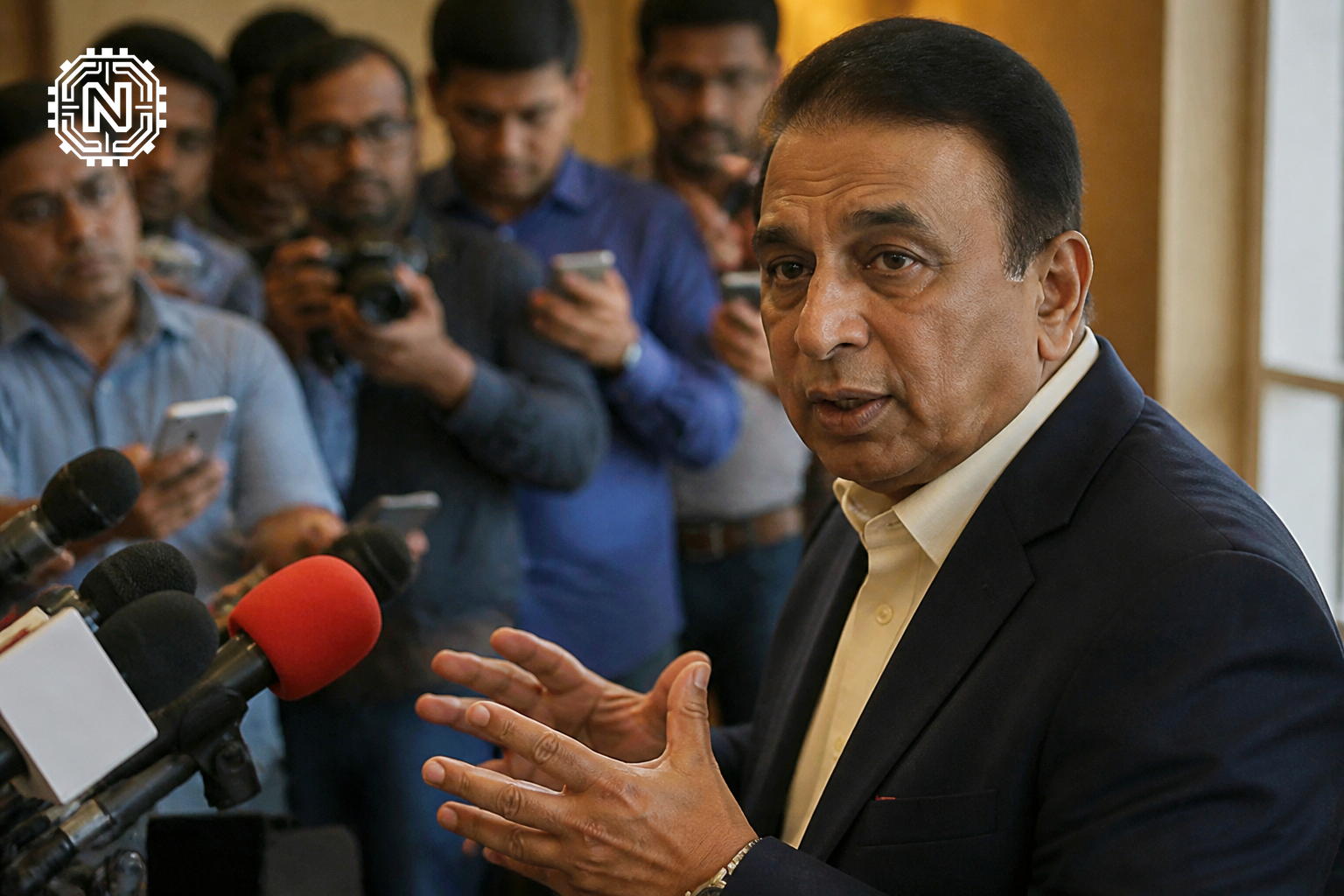 Sunil Gavaskar discussing BCCI actions with journalists