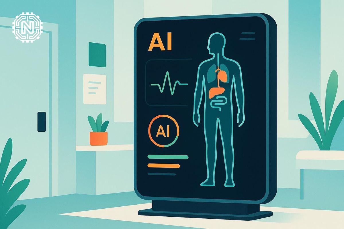Nurse managing patient data with AI technology in a hospital