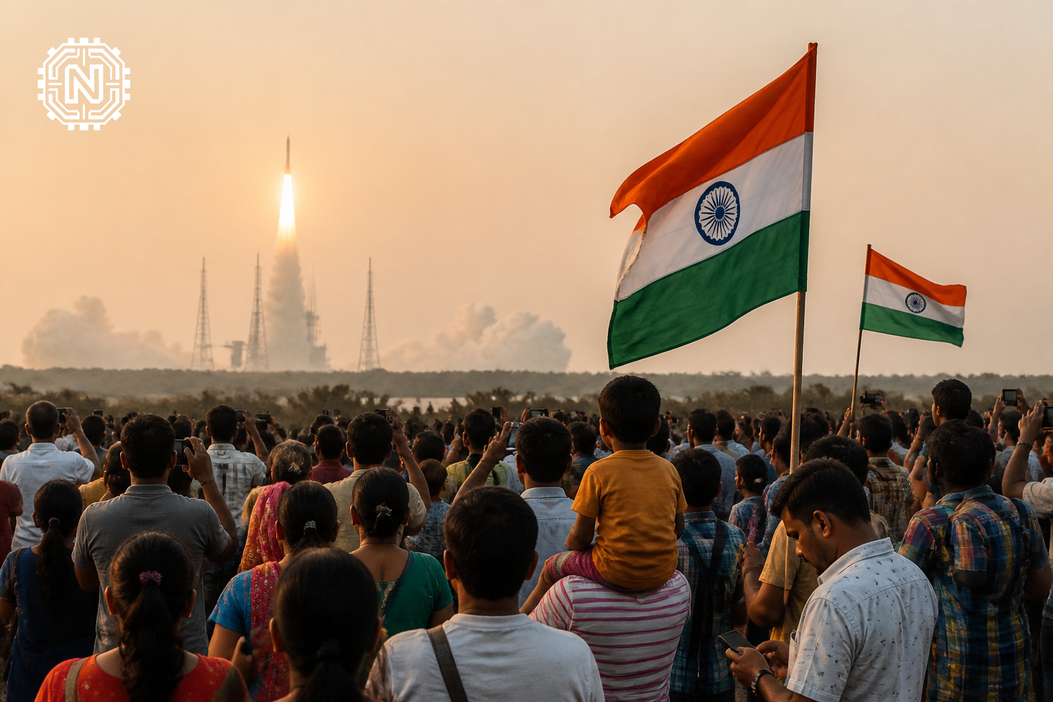 Crowd celebrating Vikram-1 launch, showcasing national pride