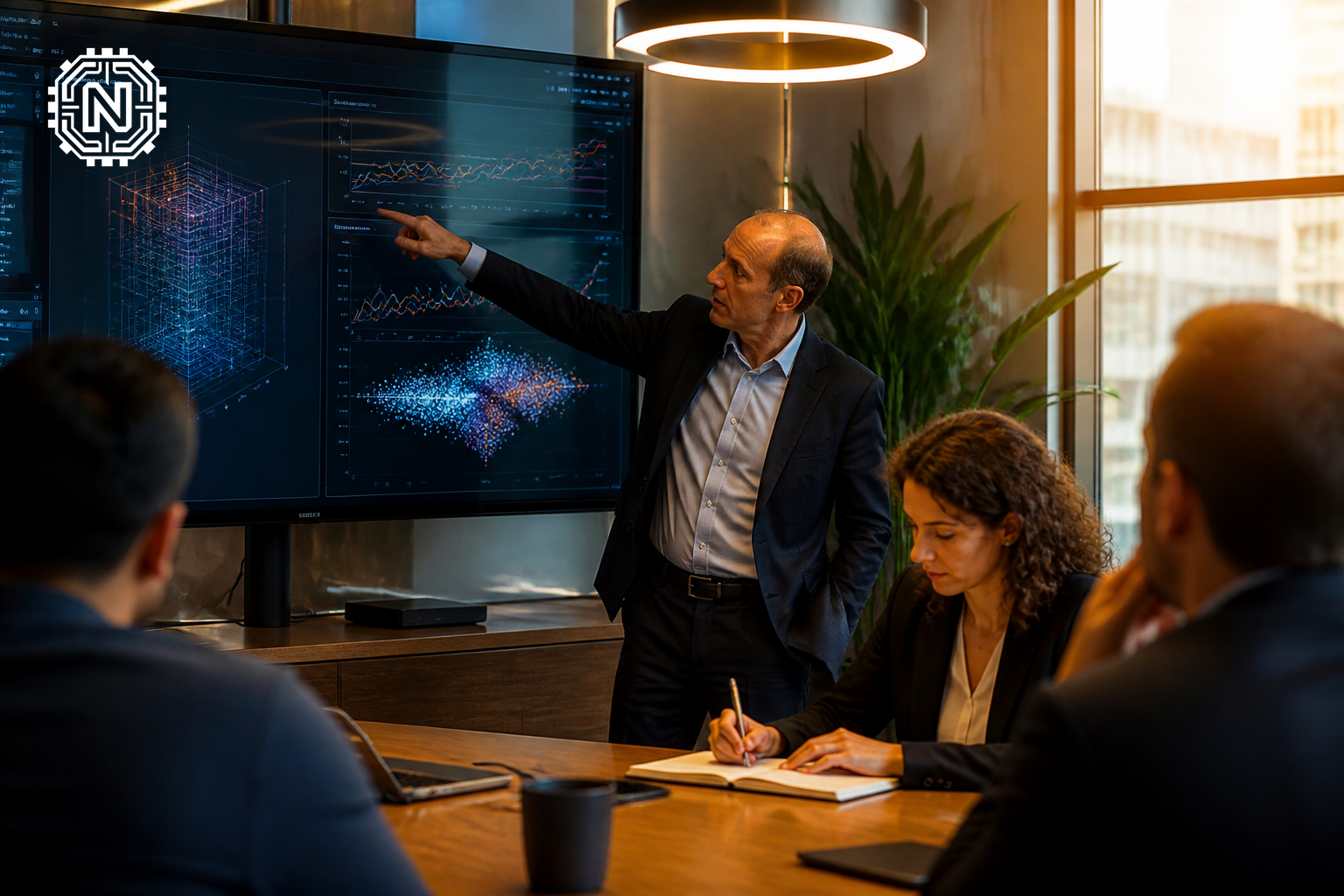 Executives discussing quantum technology investments in an office