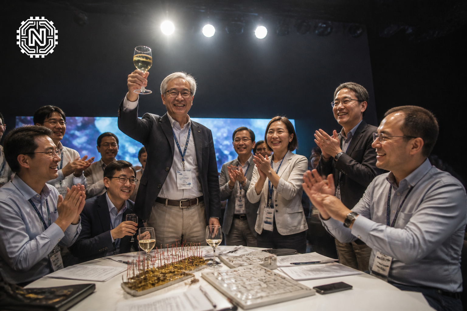 Scientists celebrating a quantum computing breakthrough at a conference
