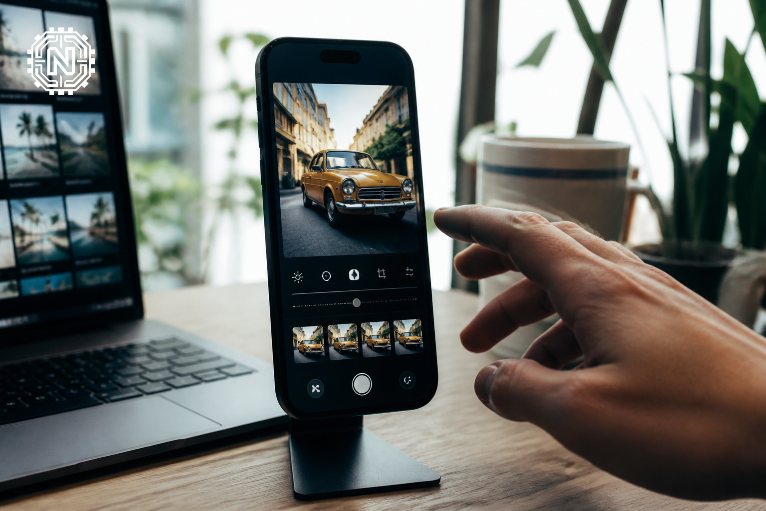 user interacting with an AI photo editing app on smartphone
