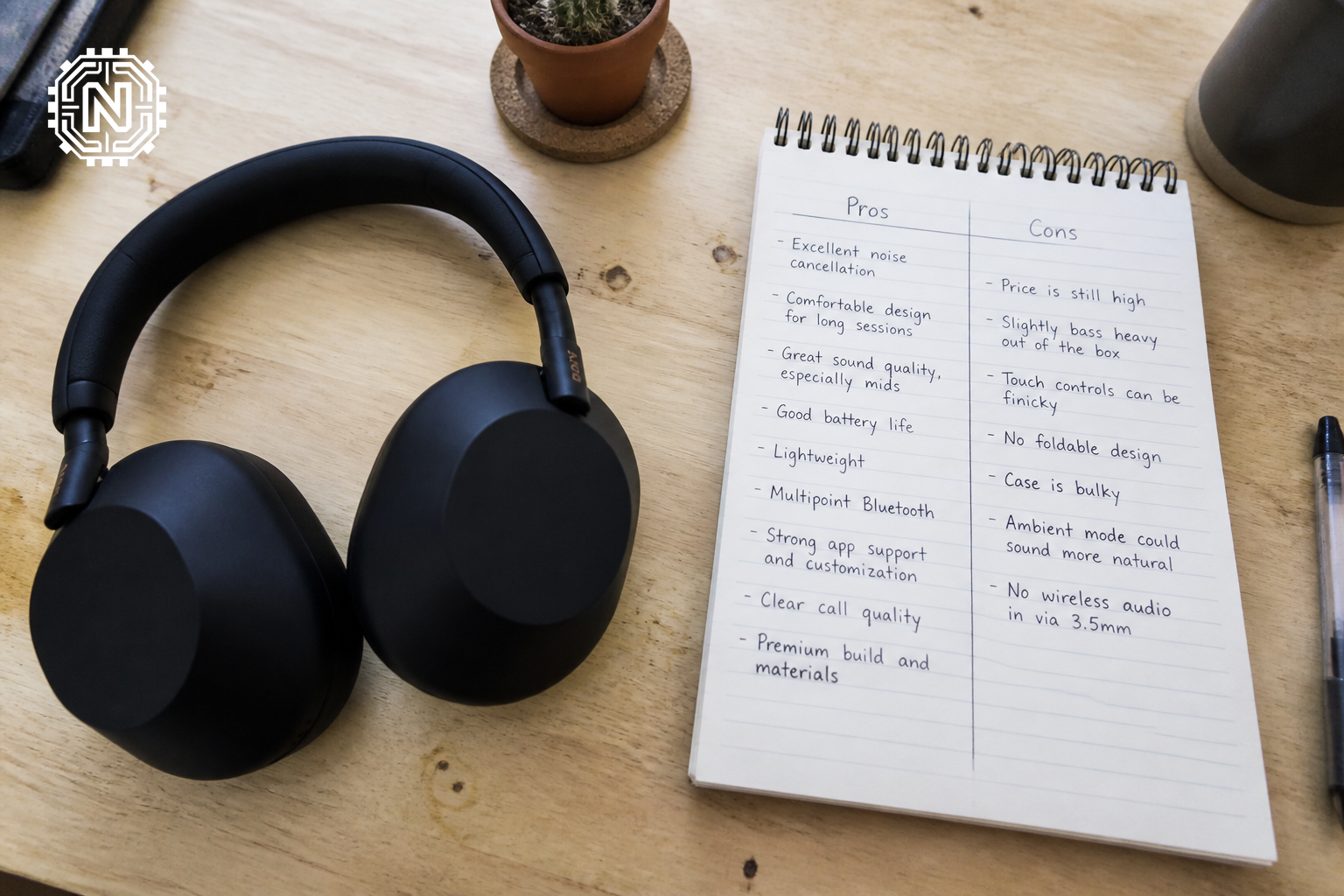 Pros and cons of Sony WH-1000XM6 headphones on a desk