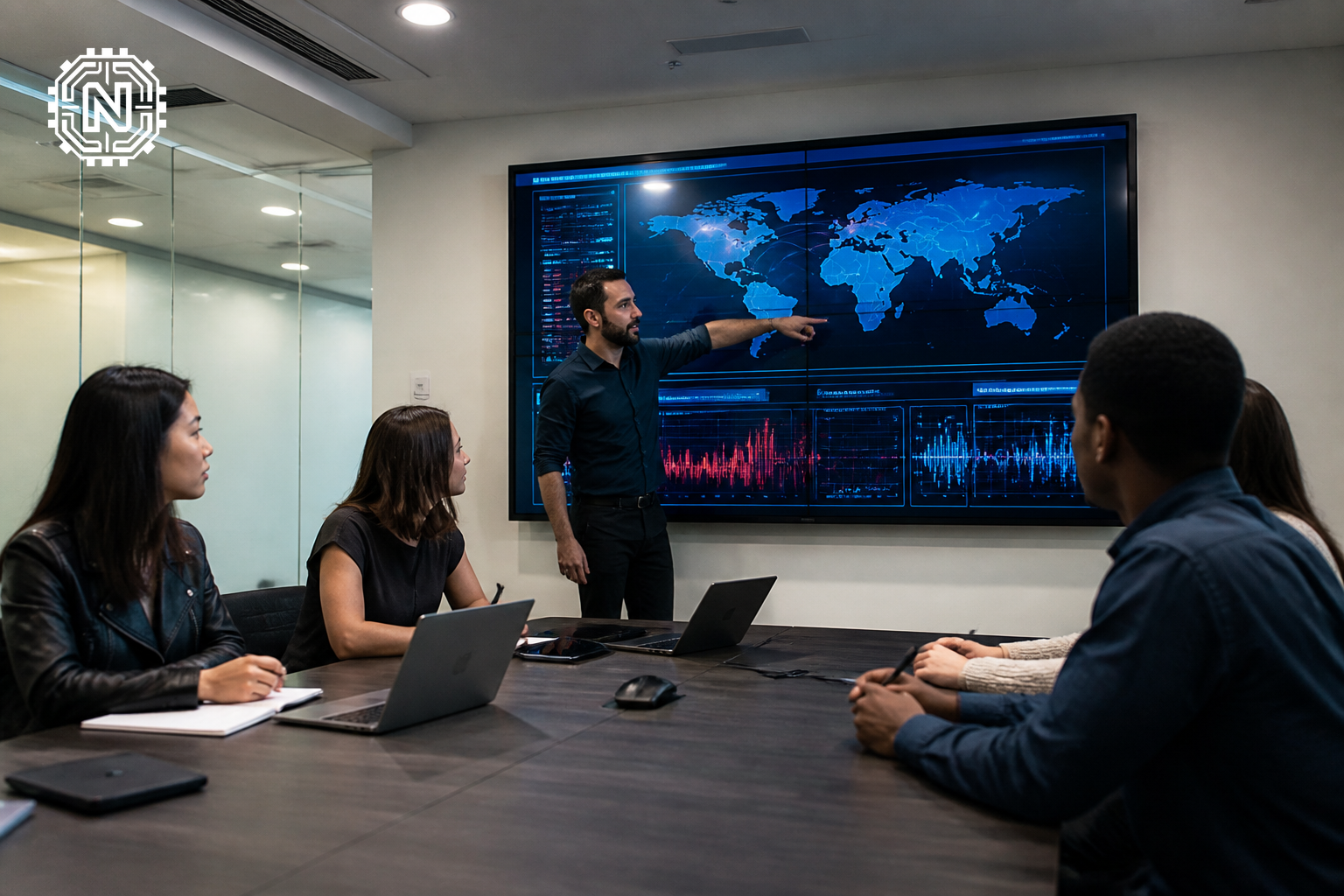 Cybersecurity team analyzing AI threat detection data