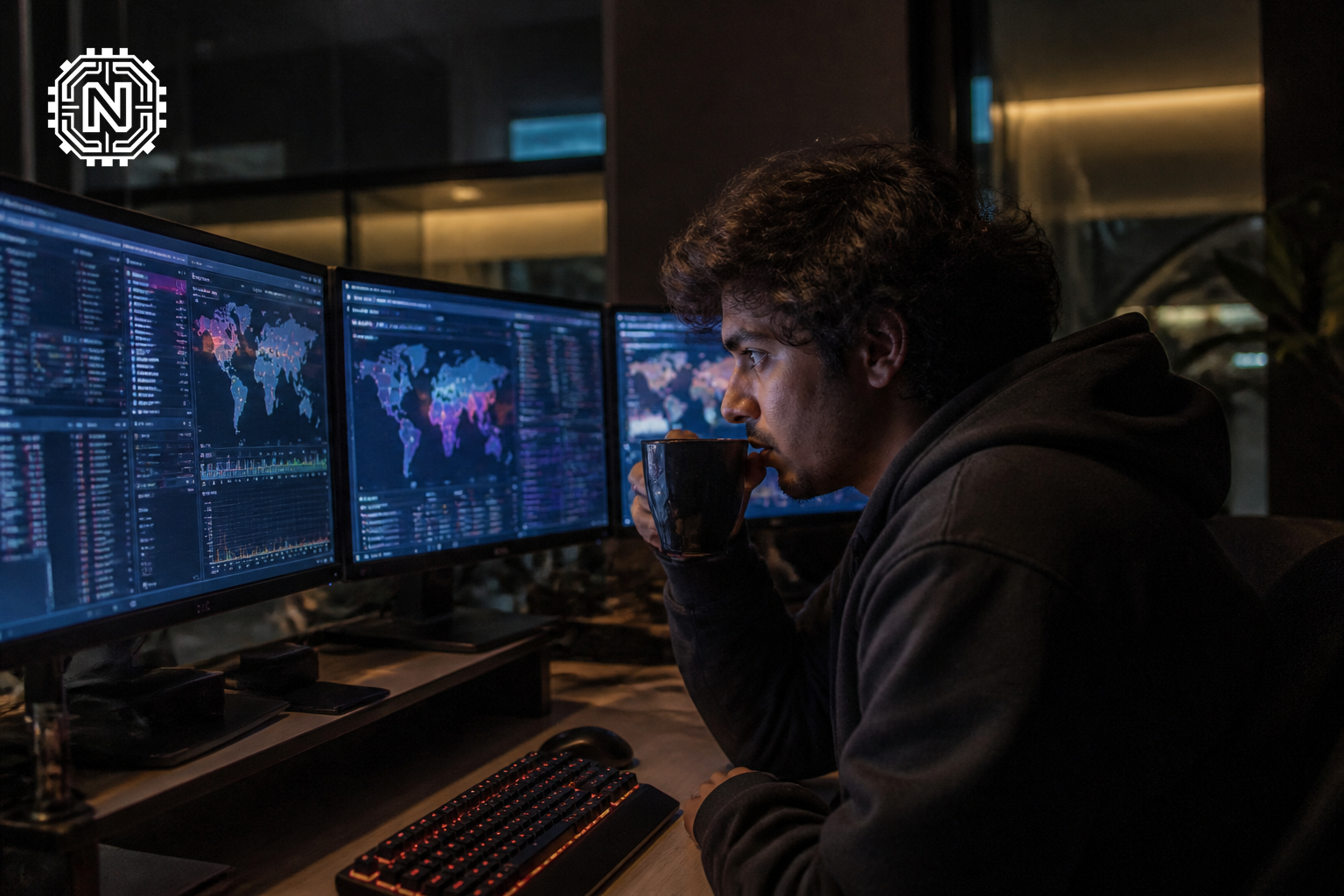Engineer focused on urgent cybersecurity threats at night