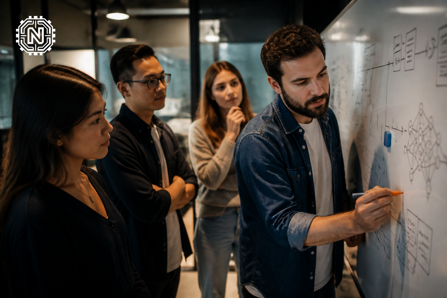 Engineers discussing future implications of AI technology