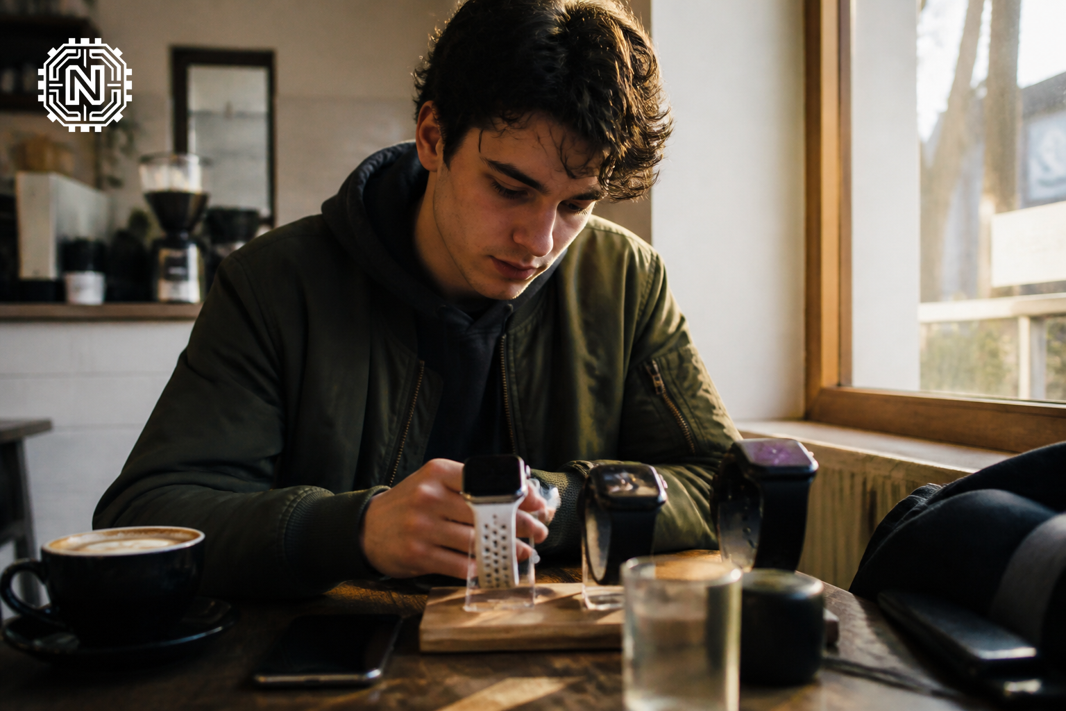 man evaluating smartwatch prices at a café