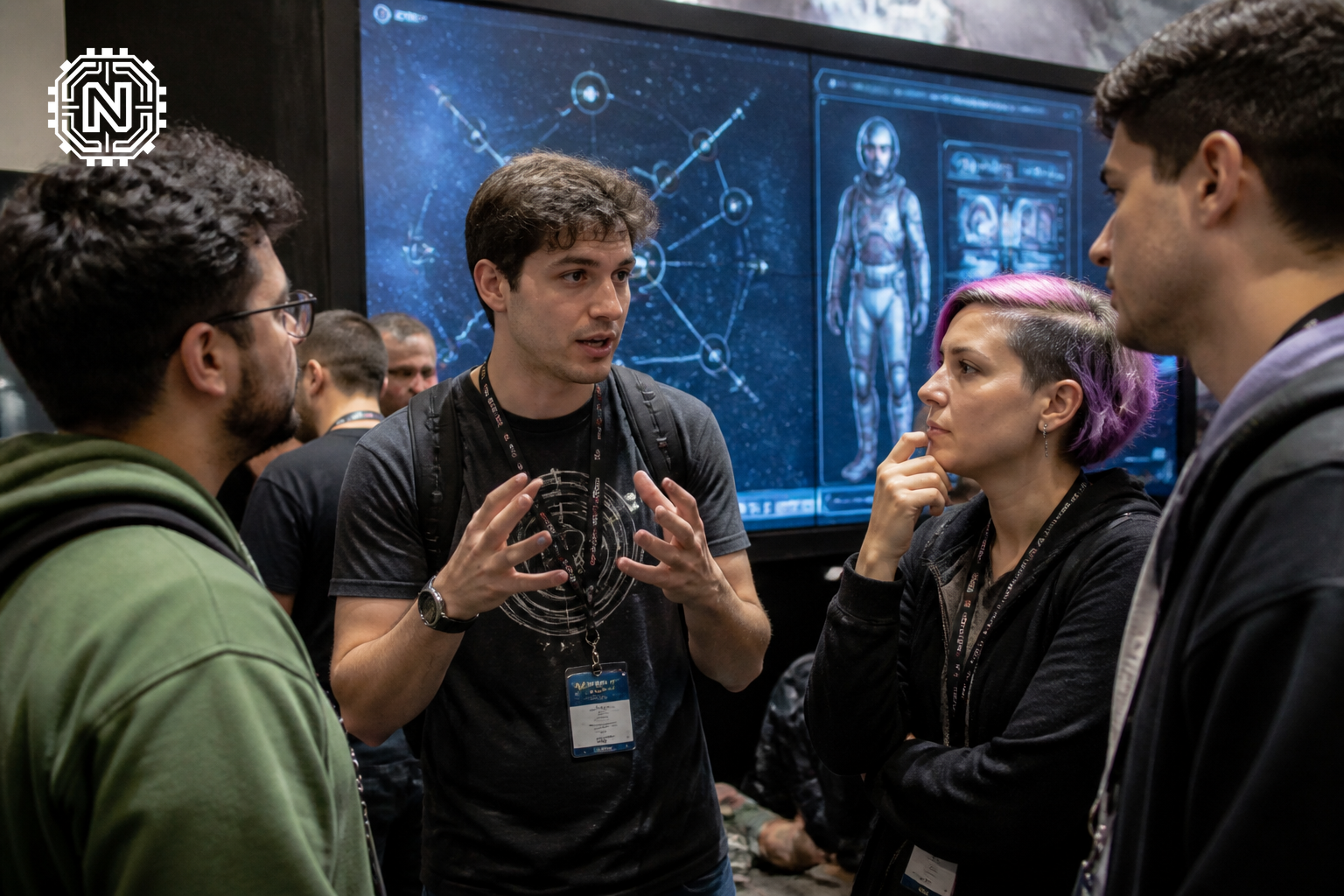 Attendees discussing gameplay mechanics at a gaming convention