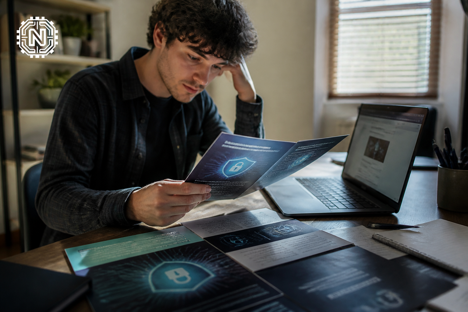 Individual evaluating cybersecurity training program options at a desk.