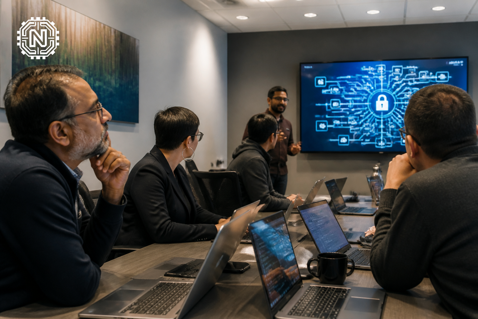 Professionals in a workshop learning about cybersecurity programs.