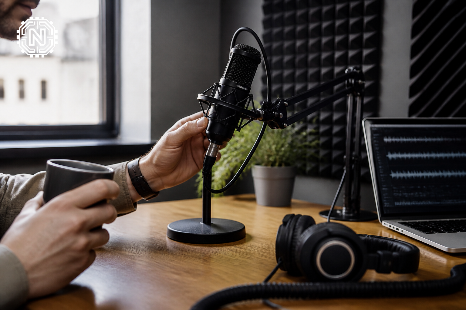 podcasting equipment setup including microphones and laptop
