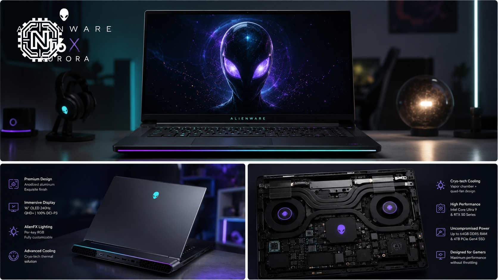 Alienware 16X Aurora gaming laptop in Interstellar Indigo with RGB keyboard