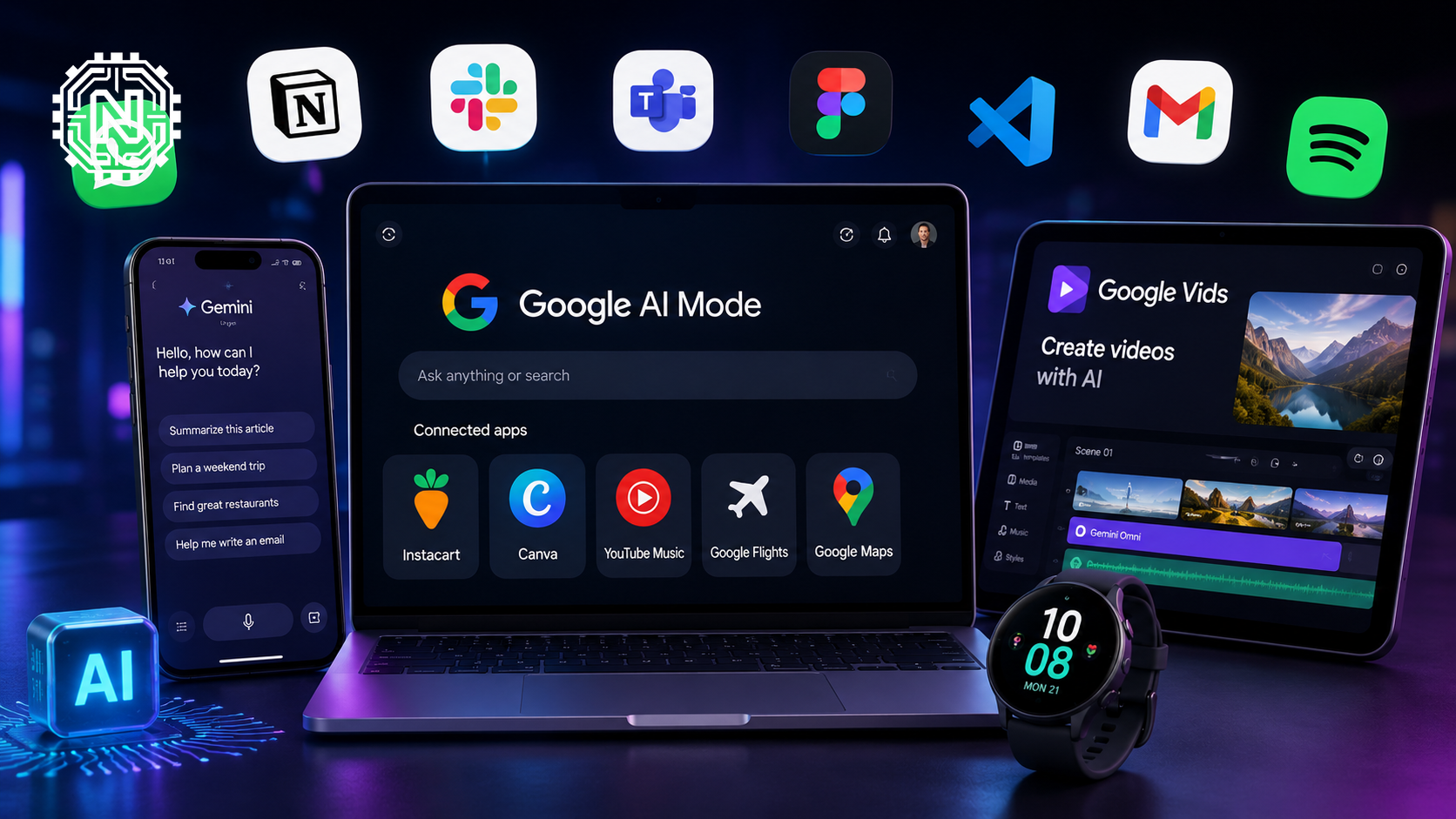 AI search interface connected to shopping, design and music applications
