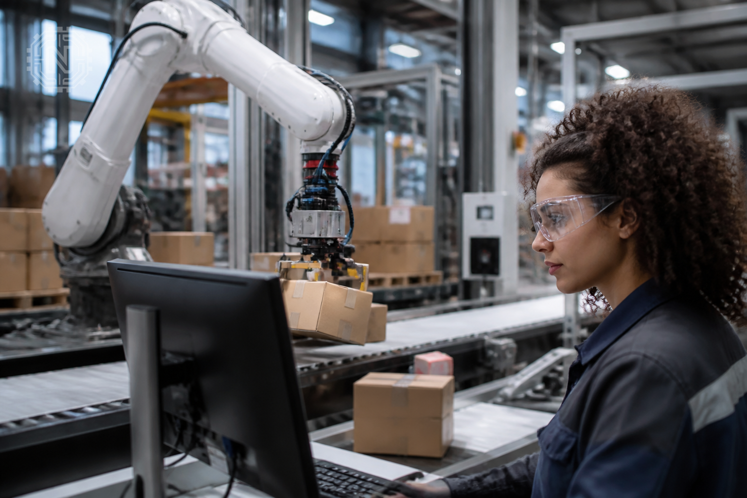 Automated warehouse operations with a robotic arm sorting packages