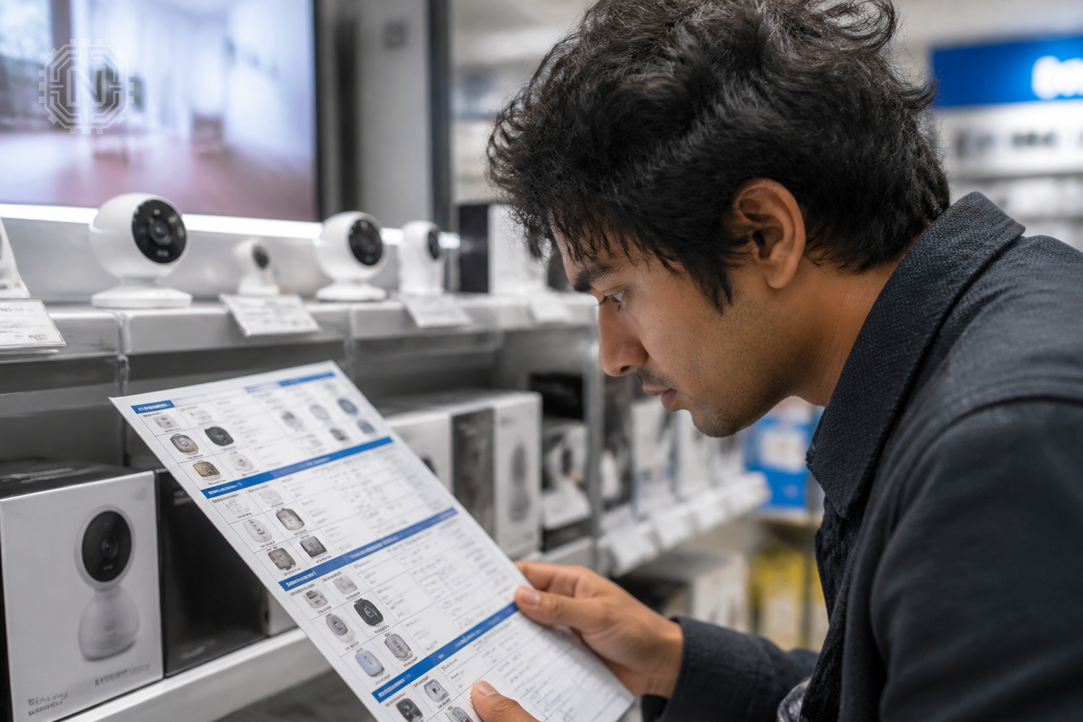 Examining prices for smart home cameras in a store