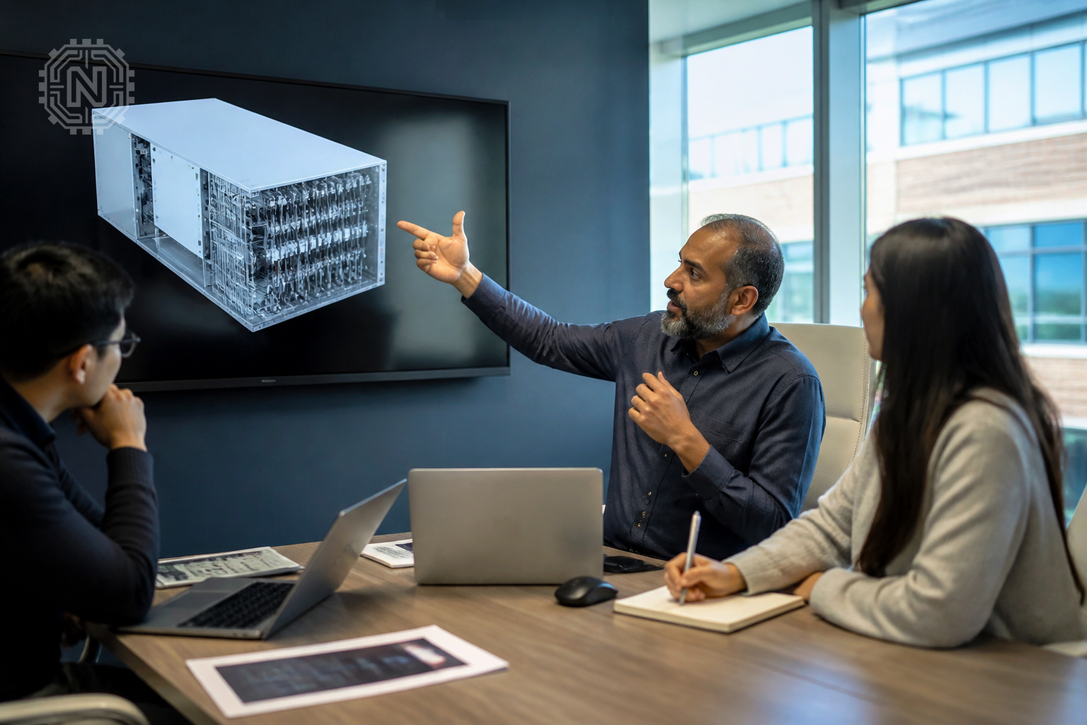 Business professionals discussing AMD Helios AI Server benefits