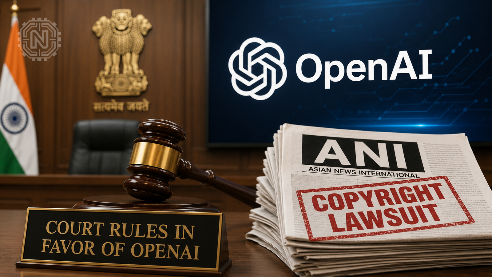 Editorial illustration of an Indian courtroom, OpenAI technology and ANI newspapers in a copyright dispute