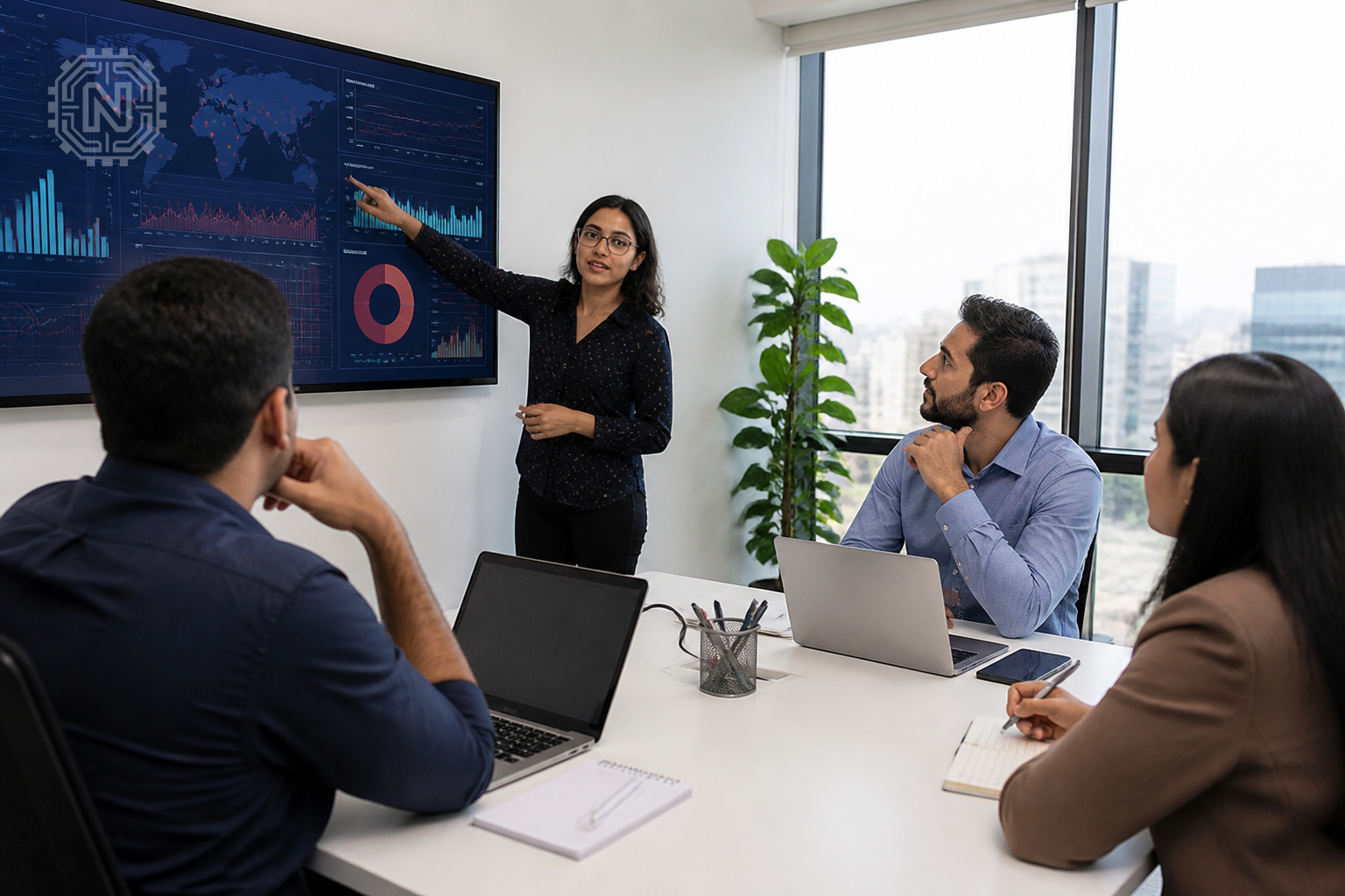 cybersecurity expert discussing malware threats in an office setting