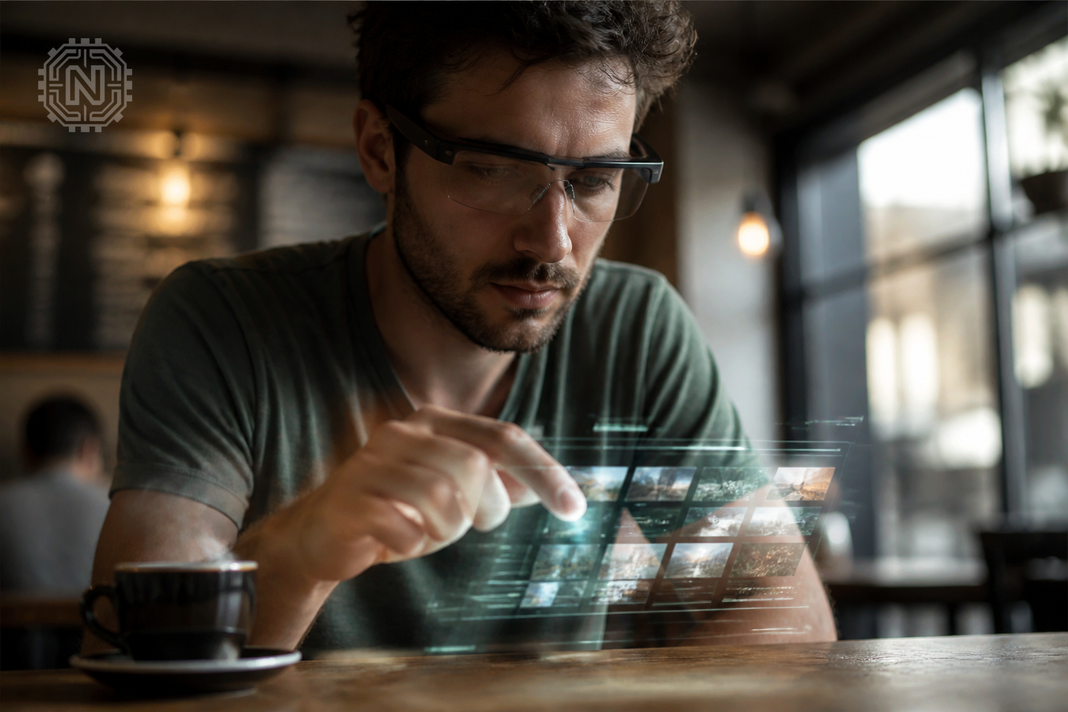 user interacting with smart glasses at a café