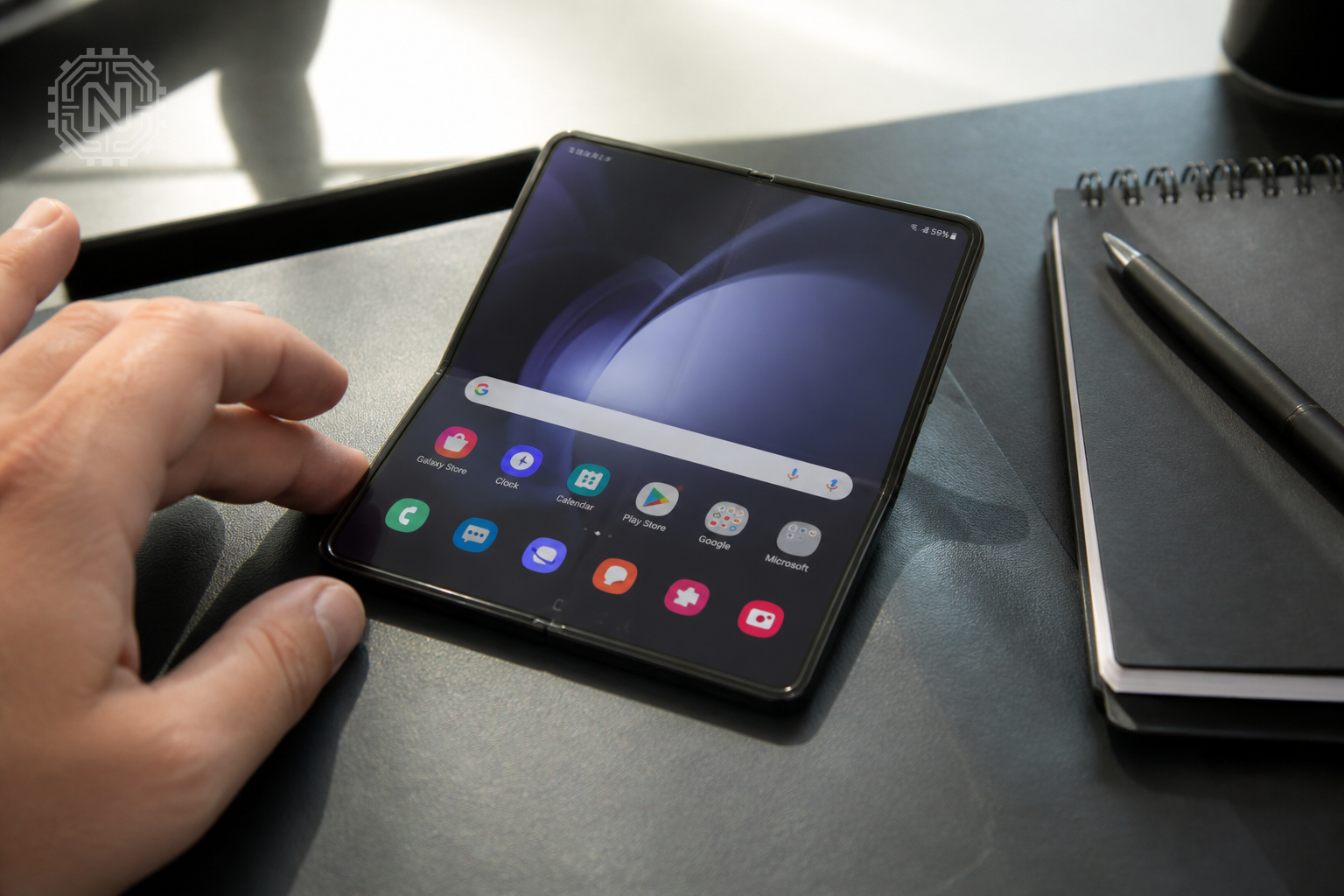 Key specifications of Samsung Galaxy Z Fold 5 on a desk
