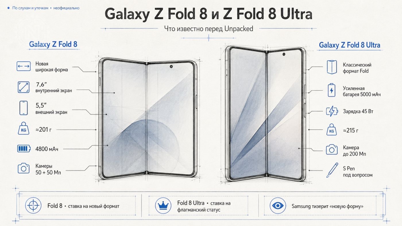 Editorial illustration of the Galaxy Z Fold 8 Ultra camera system and battery performance