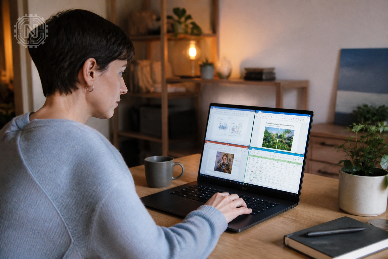 User utilizing Snap Layouts feature on a Windows 11 laptop