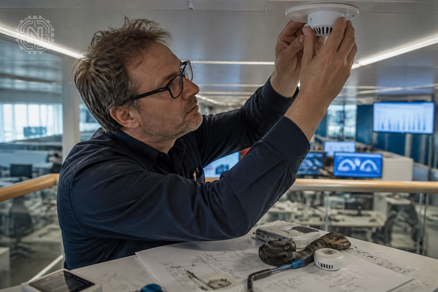 Technician optimizing energy use with AI technology