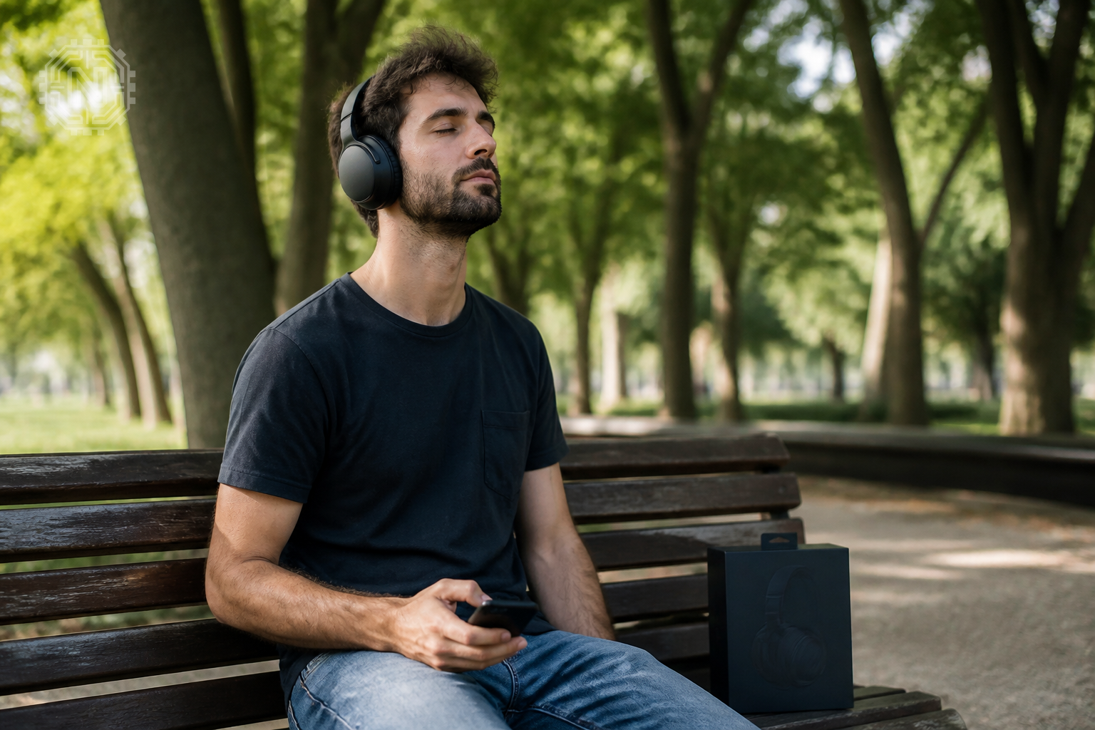 A young man testing premium noise-canceling headphones outdoors