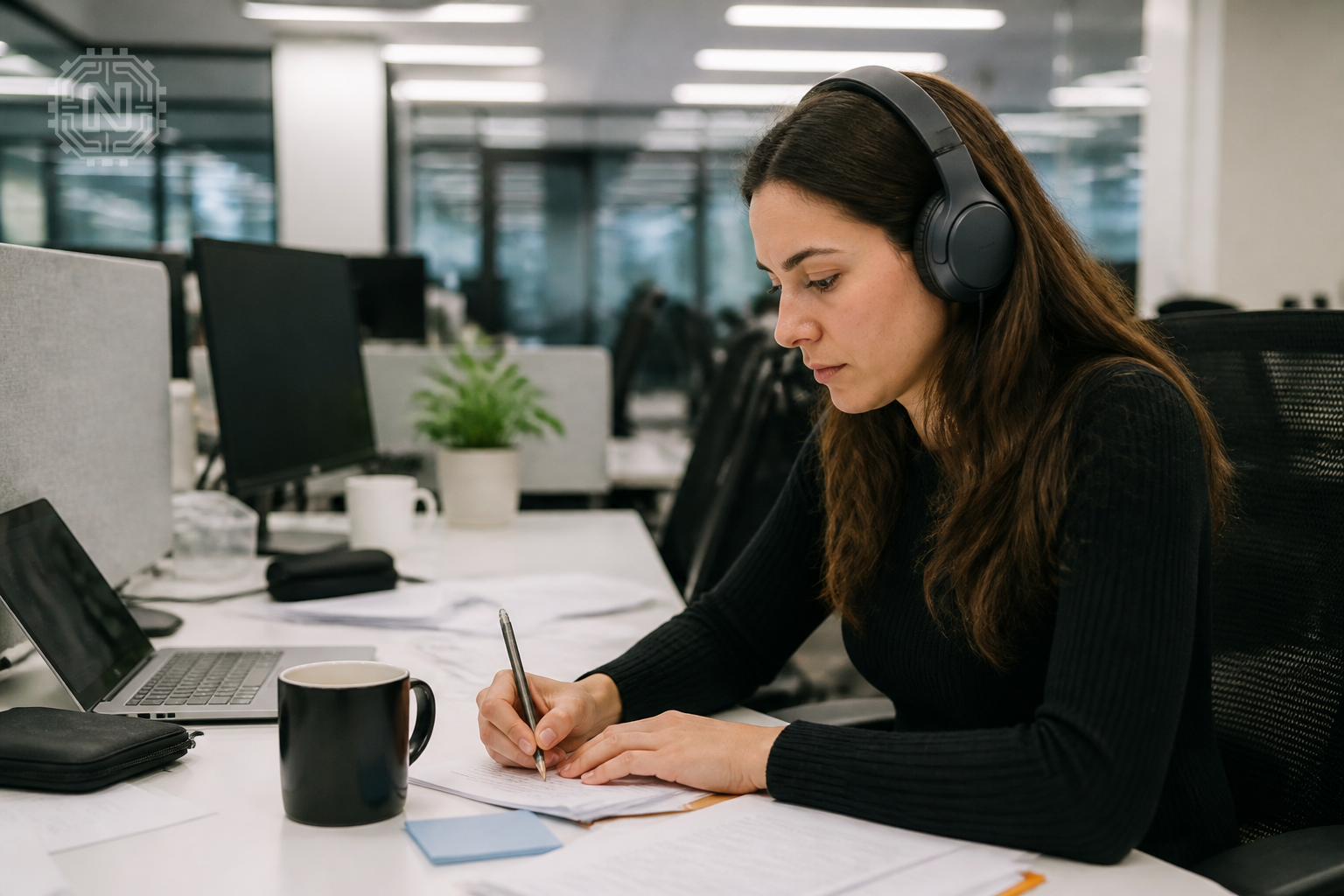 Woman using advanced noise-canceling technology in an office
