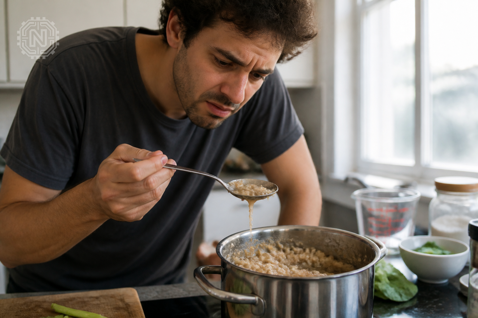 Overcooked quinoa in a pot, a common cooking mistake