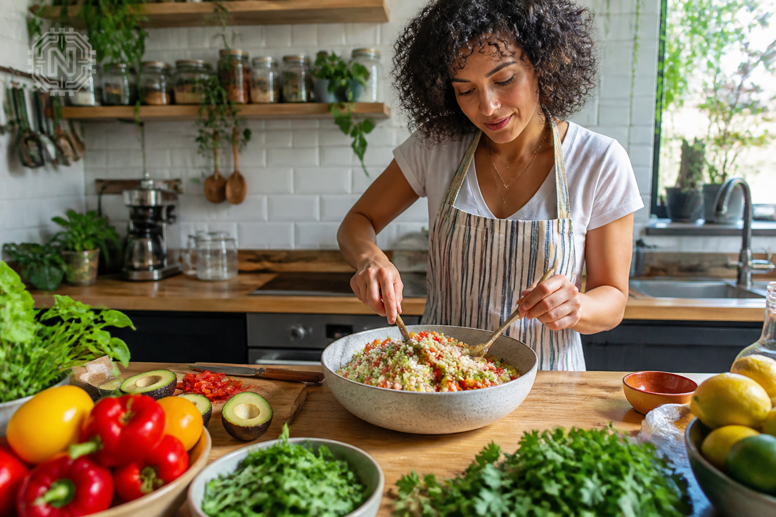 Delicious quinoa salad being mixed with fresh vegetables