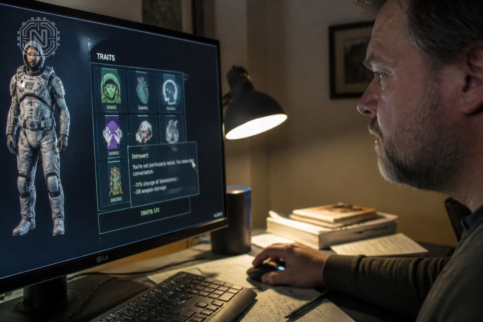 Close-up of Starfield character traits on a computer screen.