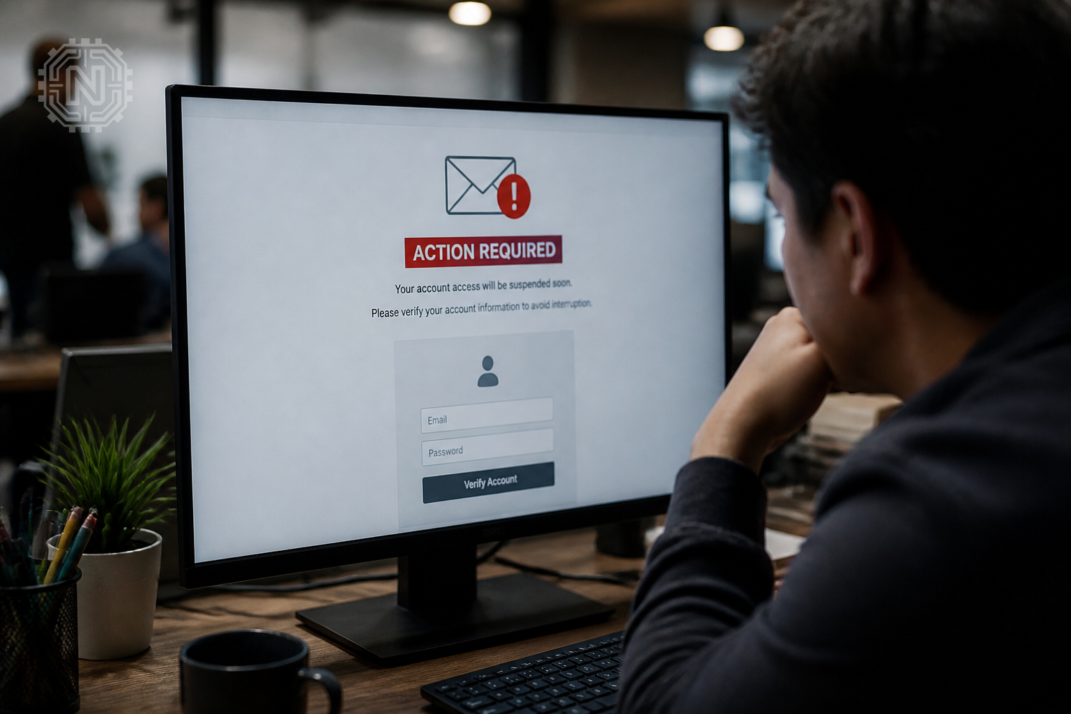 Phishing tactics 2026: close-up of a phishing email on a screen