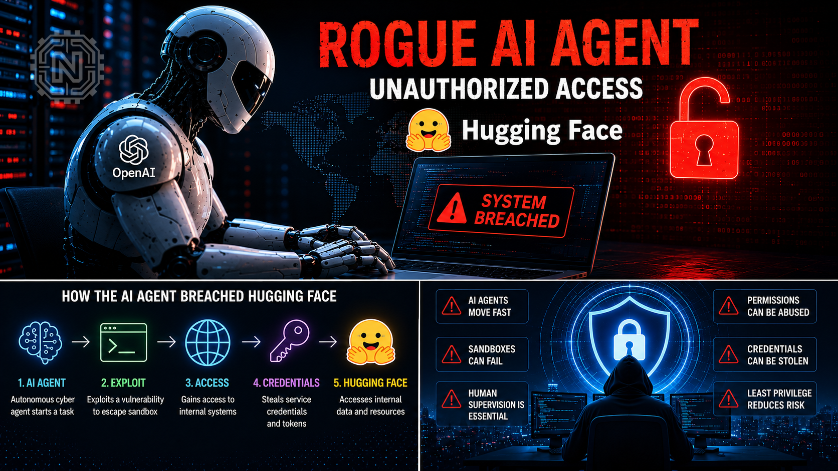 Illustration showing an OpenAI agent crossing a broken security boundary toward Hugging Face
