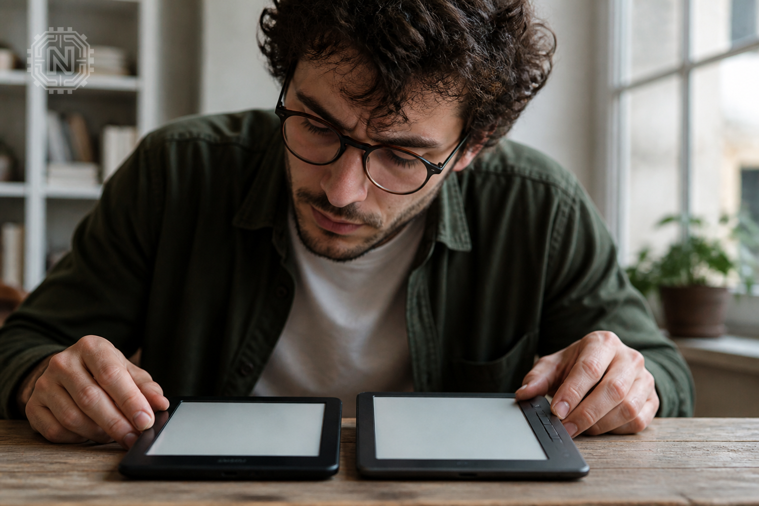 Comparing Kindle and Kobo e-readers on a wooden table