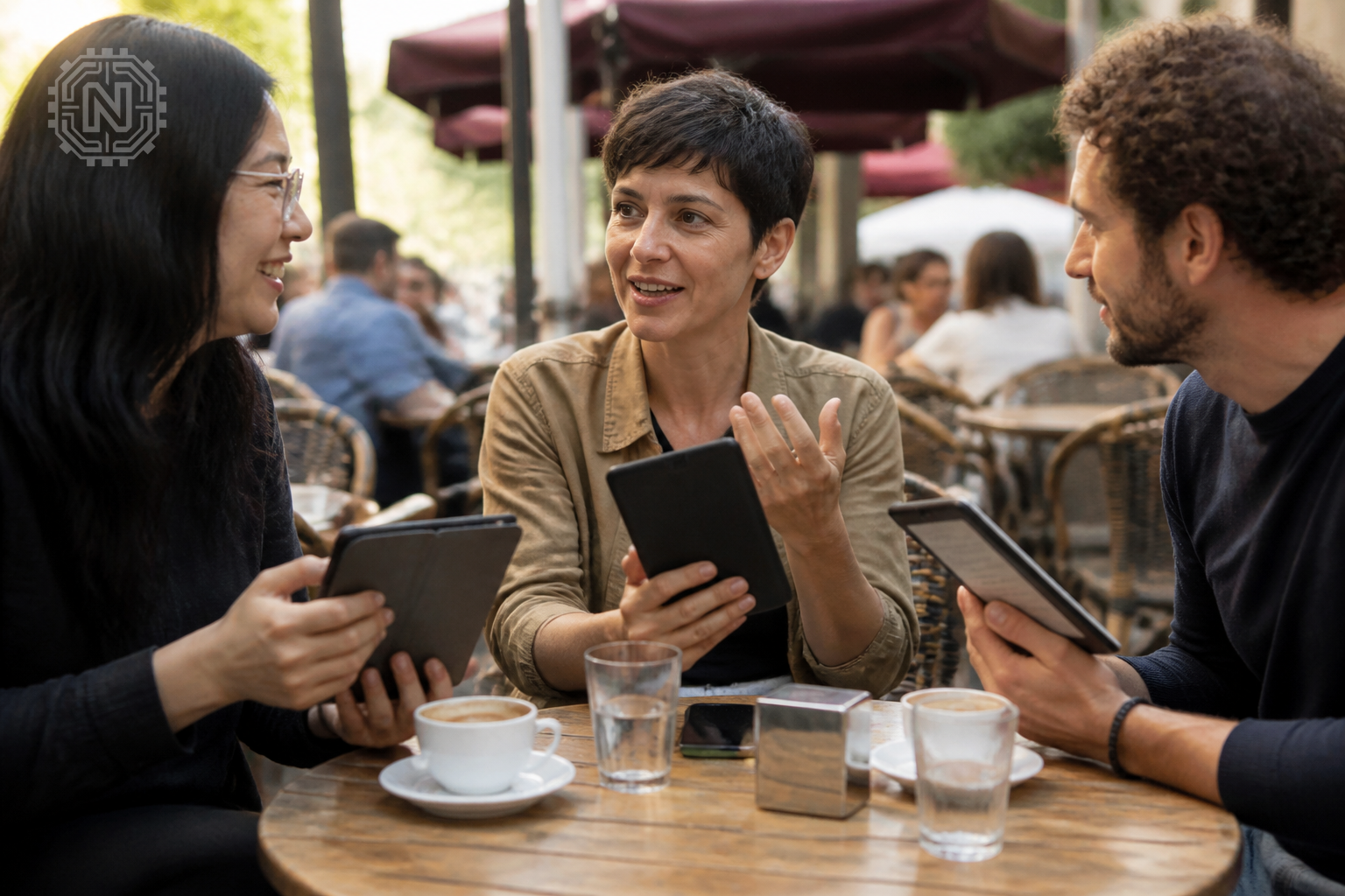 People sharing feedback on e-readers at a café
