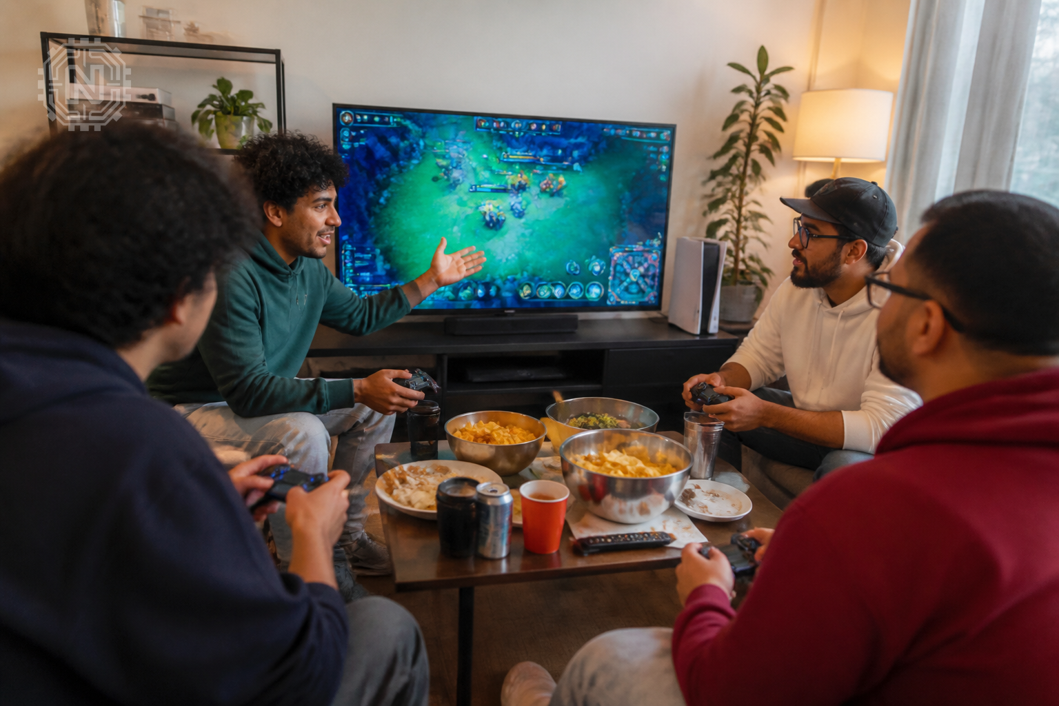 Friends interacting during a multiplayer gaming session on PS5
