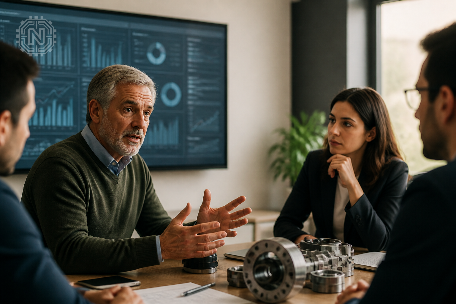 Engineers discussing challenges of AI in manufacturing