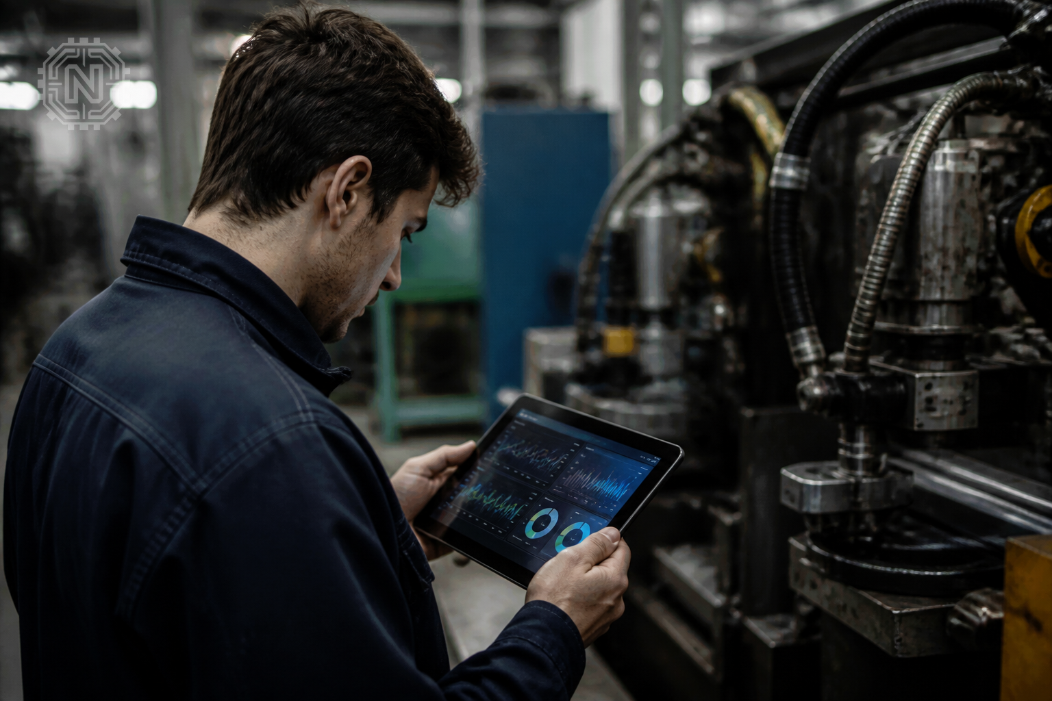 Technician assessing predictive maintenance data on tablet