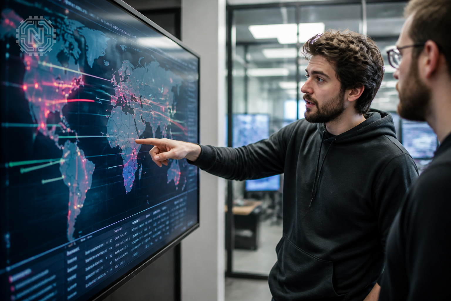 Analyst reviewing threat detection map with AI tools