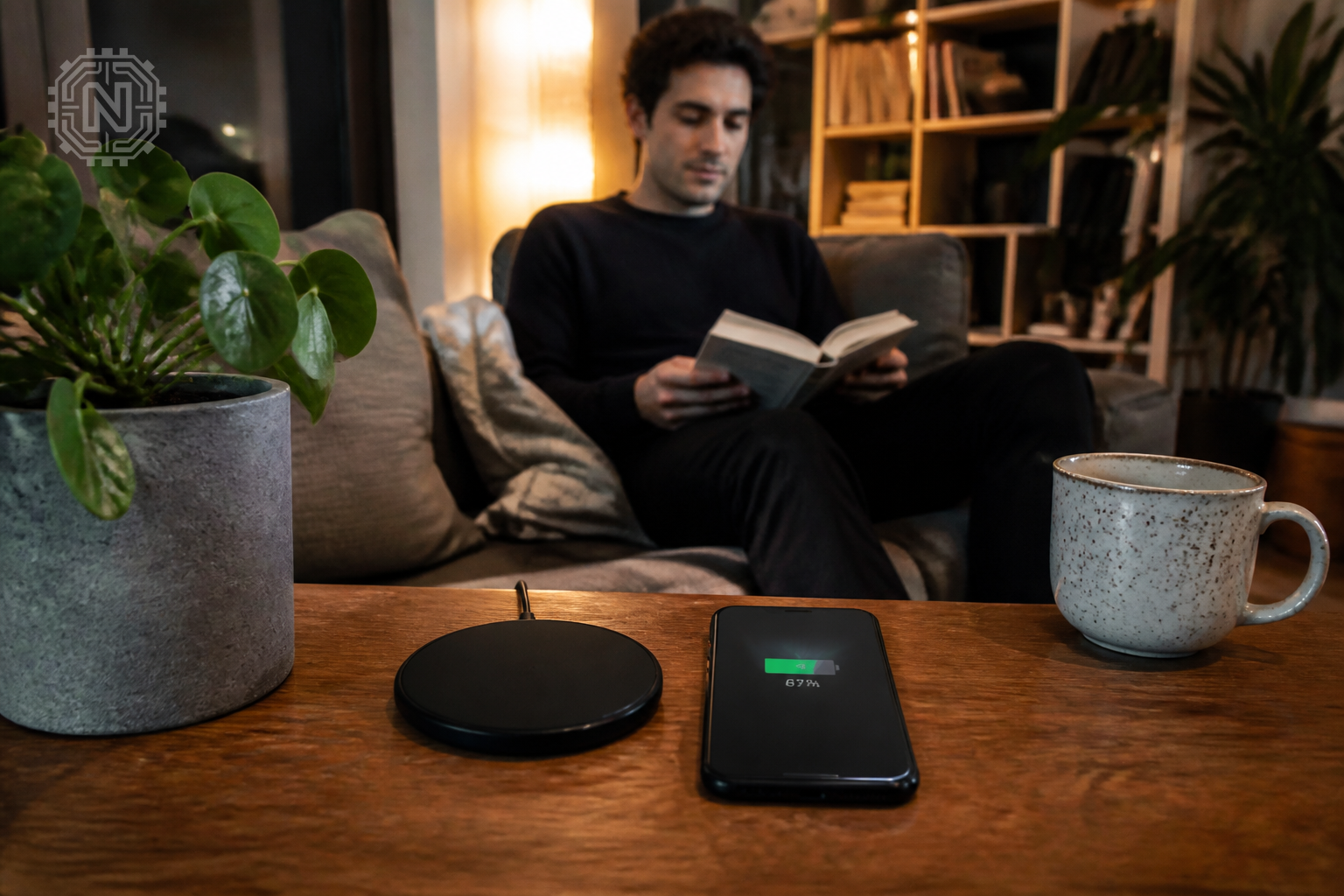 wireless charging pad with smartphone and battery indicator