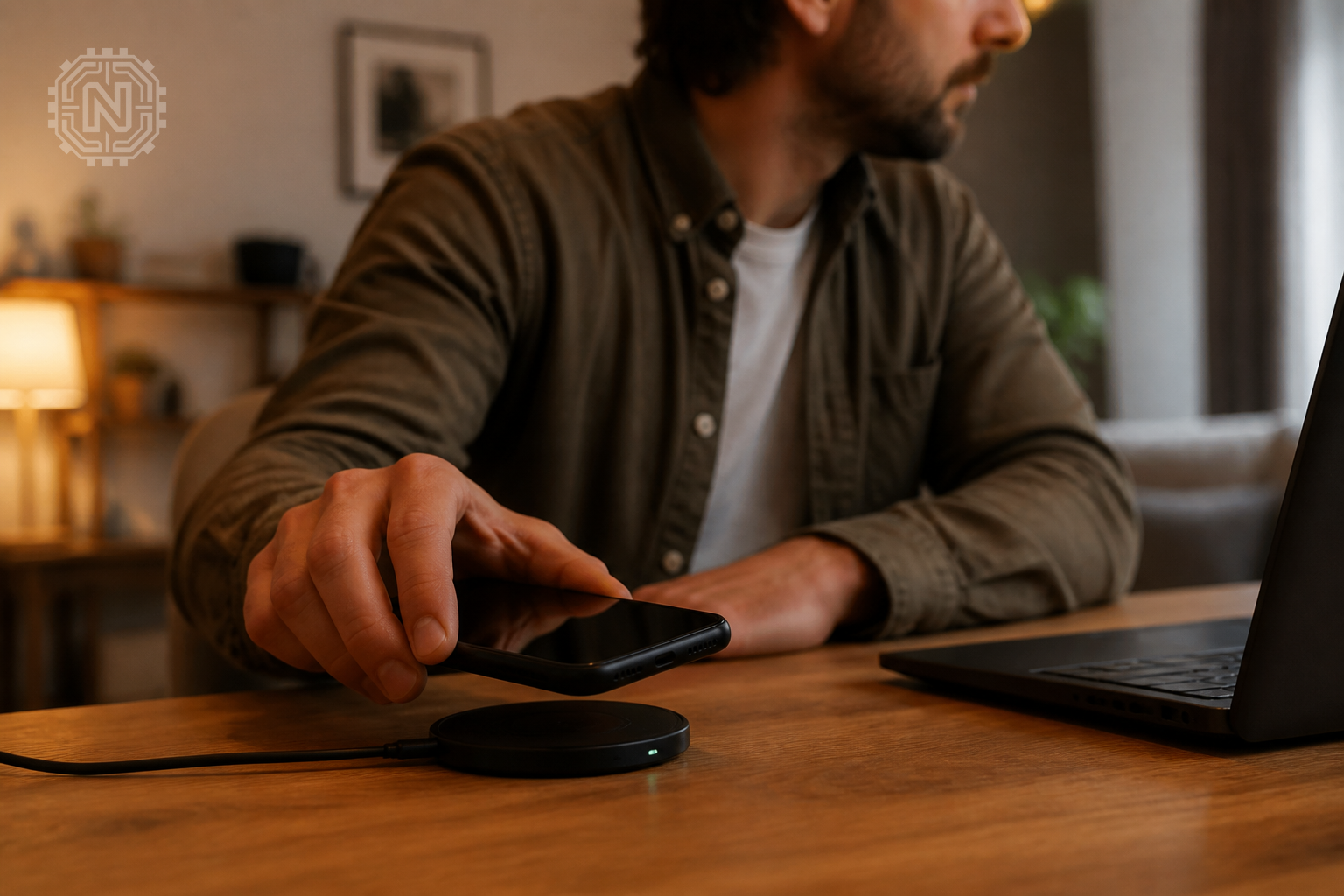 user placing smartphone on a wireless charger