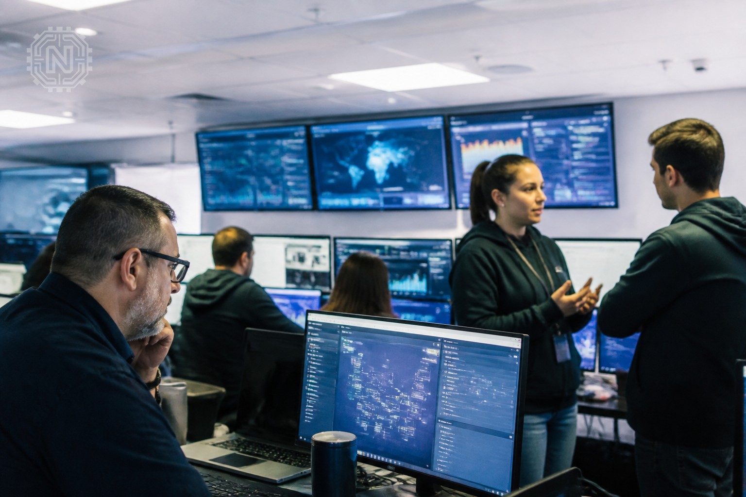 Technicians analyzing AI security measures in a lab
