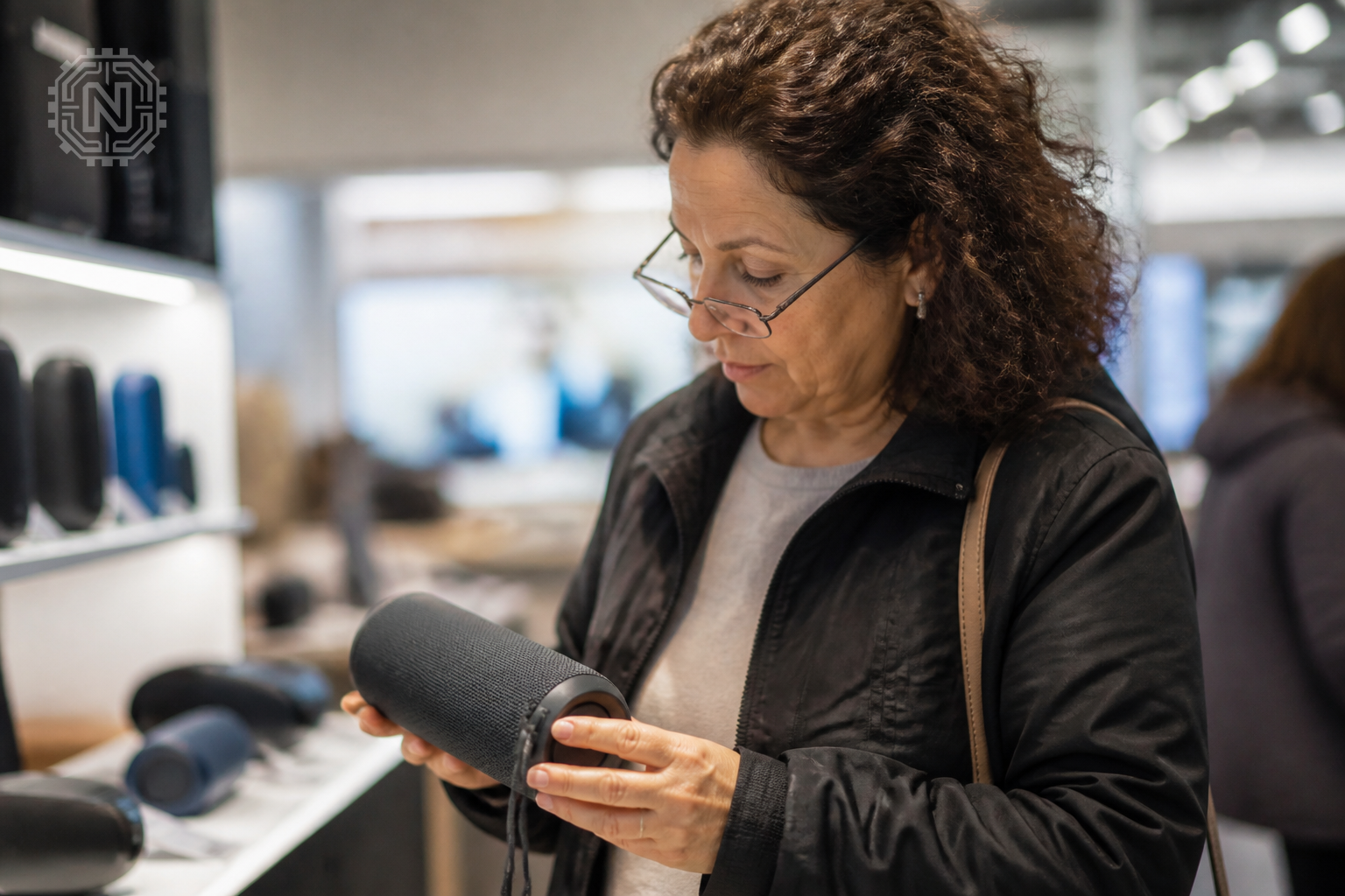 customer reviewing a portable Bluetooth speaker in a store