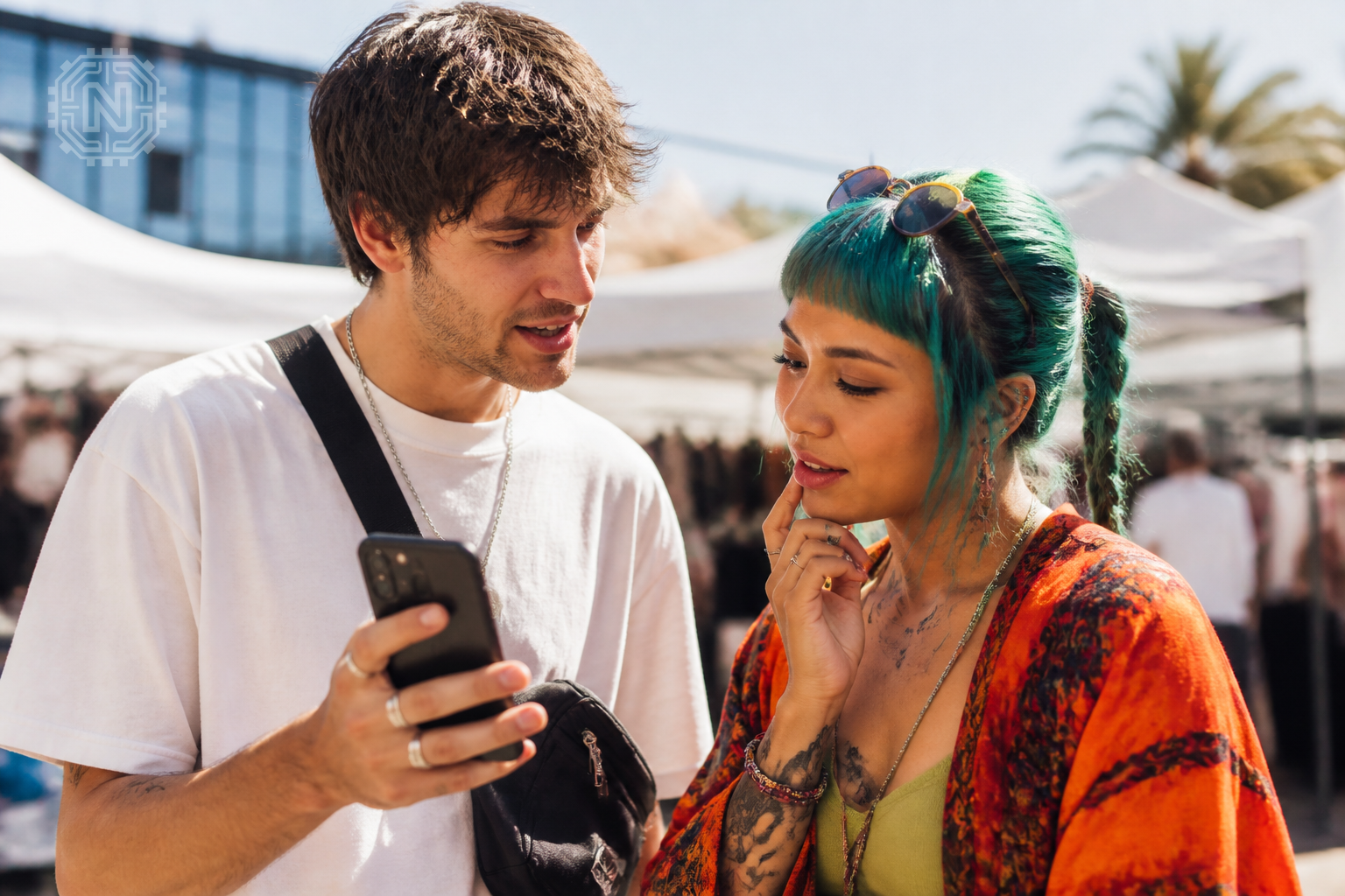 two influencers discussing Instagram collaboration outdoors